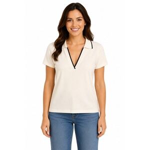 Old Navy Basic V-Neck Polo Women XXL Ivory 100% Cotton Preppy Minimalist Casual